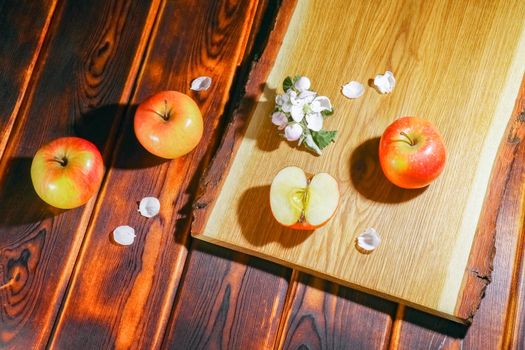 Apple on the chopping Board as background. High quality photo