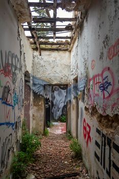 Villa Levidi, Pallini, Greece - February 14, 2021: Pigeon wall painting at an abandoned old villa at Pallini, Greece