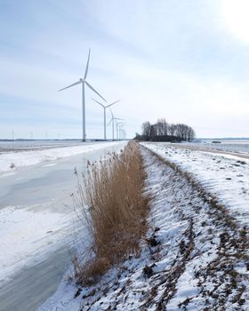 snow covered fields and frozen canal in dutch polder of flevoland under blue sky in winter with wind turbines
