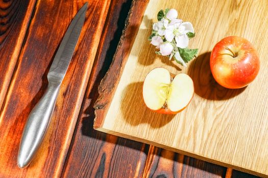 Apple on the chopping Board as background. High quality photo