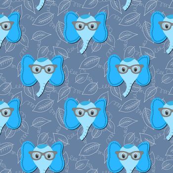 Seamless pattern with cute blue elephant face in sunglasses on floral background. Vector flat animals colorful illustration for kids. Adorable cartoon character. Design for card, fabric, textile.