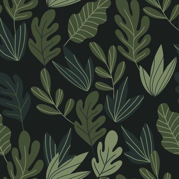 Floral seamless pattern with colorful exotic leaves on dark background. Tropic green branches. Fashion vector stock illustration for wallpaper, posters, card, fabric, textile.