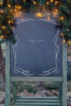 bulletin board with Christmas decorations close-up. menu board. High quality photo