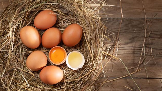 Several raw fresh chicken eggs in a nest of hay on a wooden background, horizontal banner.