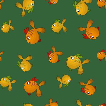 Seamless pattern with cute fish on green background. Vector cartoon animals colorful illustration. Adorable character for cards, wallpaper, textile, fabric. Flat style