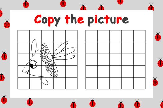Copy the picture. Educational game for children. Cute fish. Drawing activity for kids. Colorful cartoon vector illustration.