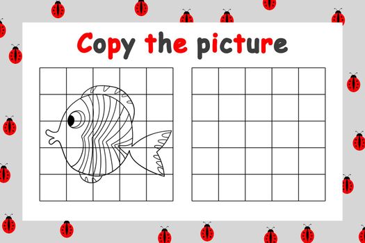 Copy the picture. Educational game for children. Cute fish. Drawing activity for kids. Colorful cartoon vector illustration.