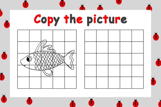 Copy the picture. Educational game for children. Cute fish. Drawing activity for kids. Colorful cartoon vector illustration.