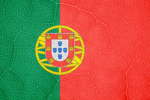 flag of Portugal on the structure of a tree leaf macro. High quality photo