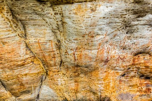 Ancient Aboriginal Art: hand prints, animal herds, spiral in a cave, grampians National park, australia