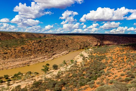 Atemberaubender Kalbarri-Nationalpark mit Blick auf Sandstein, Vegetation und malerische Schlucht in Westaustralien Kalbarri: Winding Gorge Kalbarri-Nationalpark