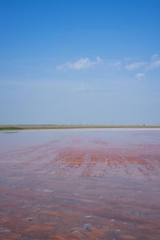 Natural landscape with a view of the pink salt lake. Evpatoria, Crimea.