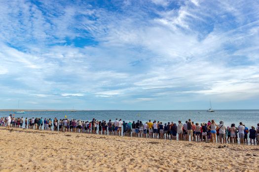 Monkey Mia, Australia - April 15, 2015- line of tourists at monkey mia beach, everybody is waiting for the wild dolphins to arrive. wild dolphins near the shore get in touch with humans