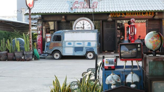 BANGKOK, THAILAND 12 JULY 2019 Rod Fai Talad retro night train market. Popular asian hipster street flea marketplace with old-fashioned vintage styled decor, second hand aged antique goods for sale.