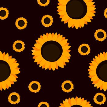 Summer colorful seamless pattern with orange sunflowers on dark background. Cartoon style. Design for fabric, textile, posters, card, paper. Beauty flowers. Vector illustration.