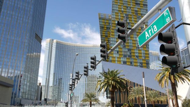 LAS VEGAS, NEVADA USA - 7 MAR 2020: Futuristic CityCenter casinos in sin city. Modern luxury unincorporated urban skyline. Contemporary metropolis highrise skyscrapers and Crystals rich shopping mall.