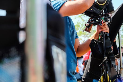Film industry. Image of professional camera and equipment background