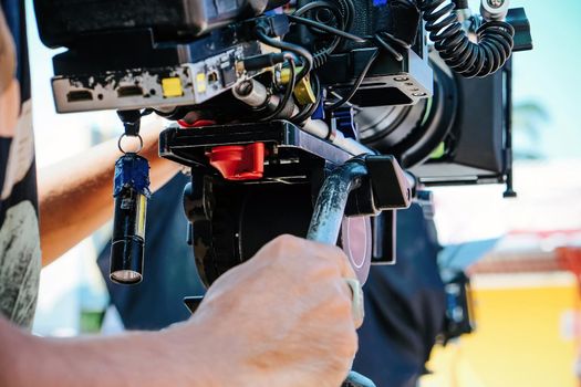 Film industry. Image of professional camera and equipment background
