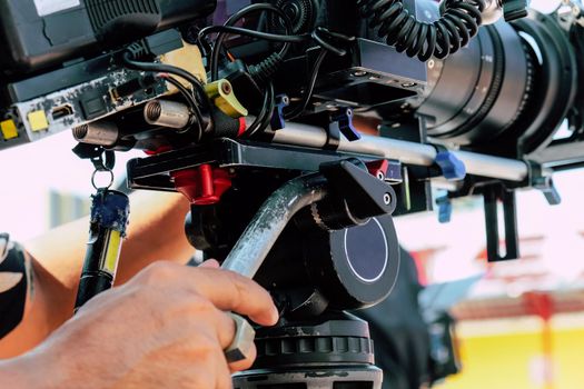 Film industry. Image of professional camera and equipment background