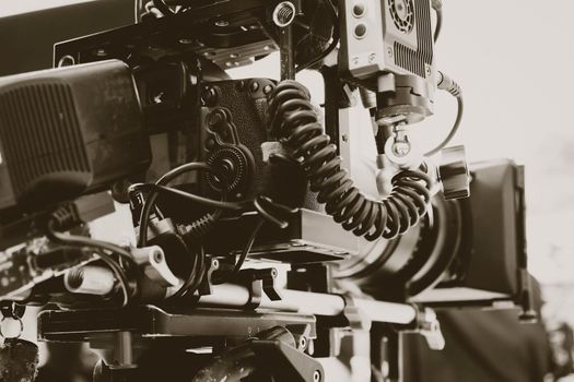 Film industry. Image of professional camera and equipment background
