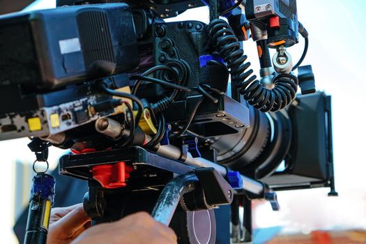 Film industry. Image of professional camera and equipment background