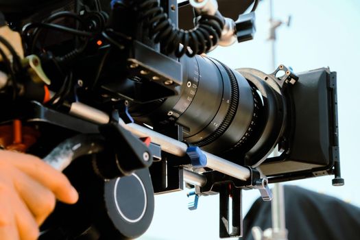 Film industry. Image of professional camera and equipment background