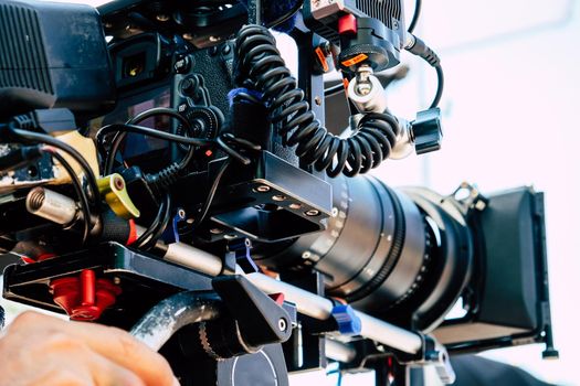 Film industry. Image of professional camera and equipment background