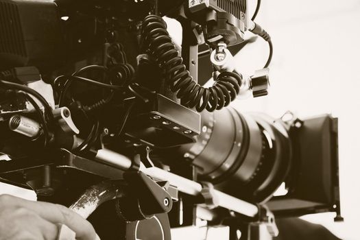 Film industry. Image of professional camera and equipment background