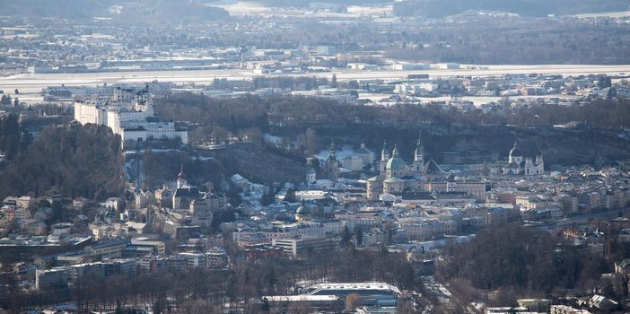 Historic district of Salzburg, view from Gaisberg, Winter time