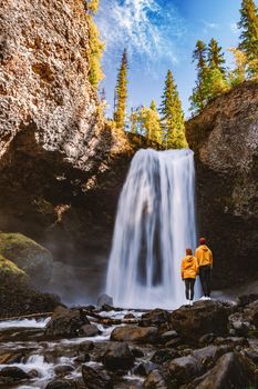 Wells Gray British Colombia Canada, Cariboo Mountains creates spectacular water flow of Helmcken Falls on the Murtle River in Wells Gray Provincial Park near the town of Clearwater, British Columbia, 