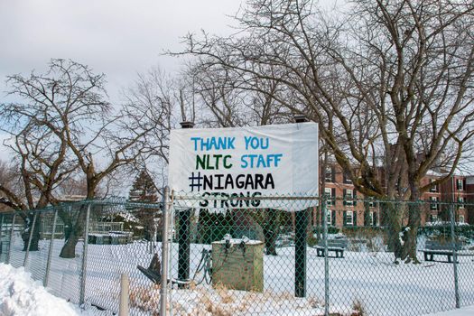 Niagara on the lake, Canada: Editorial photograph with signs thanking long term care staff due to covid. Long term care staff have been overworked. High quality photo