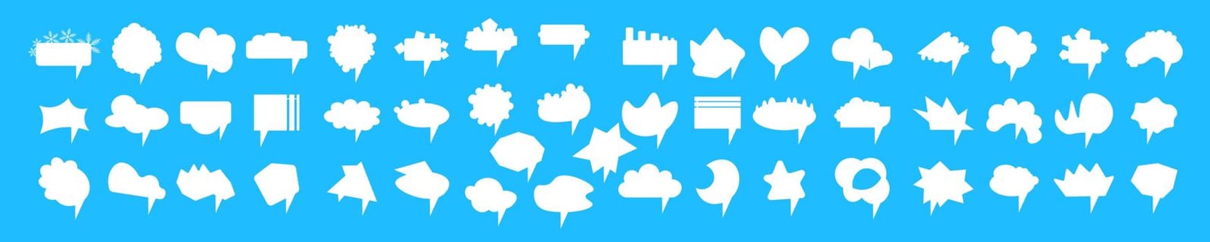 Big set of vector white comic speech bubbles on blue background. Isolated colorful banner, empty paper shape. Cartoon flat illustration for chat. Template frame. Hand draw style, dialog cloud