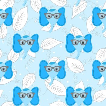 Seamless pattern with cute blue elephant face in sunglasses on floral background. Vector flat animals colorful illustration for kids. Adorable cartoon character. Design for card, fabric, textile.