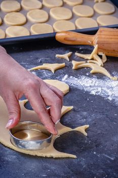 Woman prepares butter cookies at home in the kitchen, the table is sprinkled with flour, rolls out the dough, cuts out the shape, the concept of cooking festive food, christmas or easter sweets