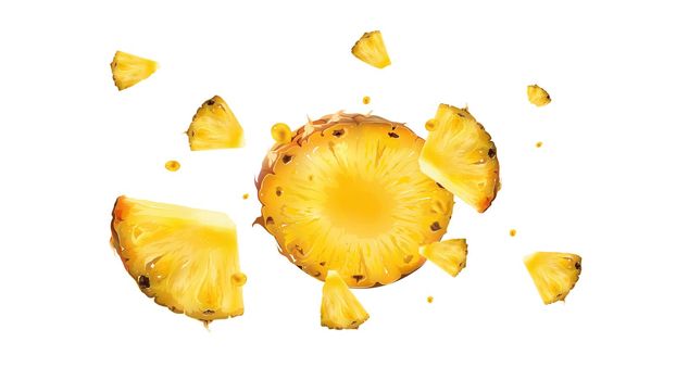 Pineapple slices with juice droplets scatter in different directions. Realistic style illustration.