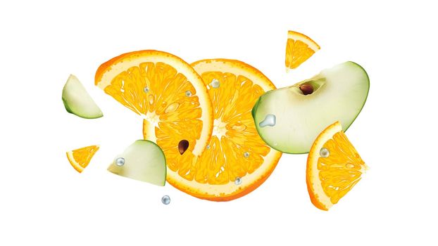 Slices of juicy orange and green apple fly with water drops. Realistic style illustration.