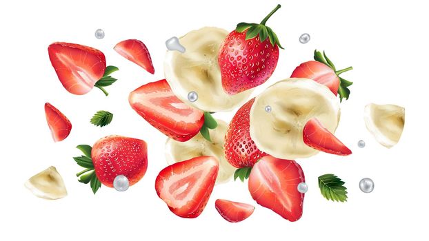 Slices of banana and strawberry scatter in space with water droplets. Realistic style illustration.