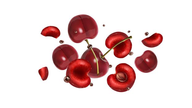 Cherries scatter in space with chocolate droplets. Realistic style illustration.