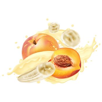 Bananas and peaches in yogurt or milkshake splashes on a white background. Realistic style illustration.