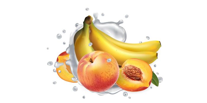 Bananas and peaches and a splash of yogurt or milk on a white background. Realistic style illustration.