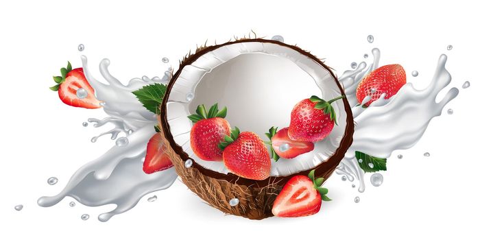 Half coconut and strawberries in a splash of milk or yogurt on a white background. Realistic style illustration.