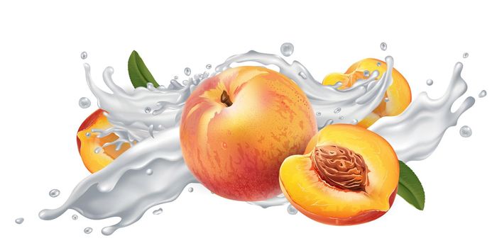 Fresh peaches in a splash of milk or yogurt on a white background. Realistic style illustration.