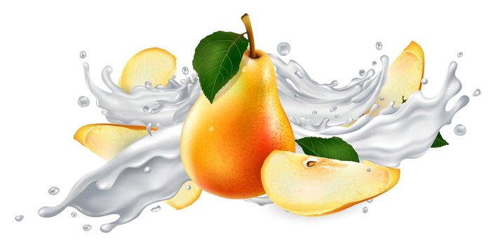 Fresh pears in a splash of milk or yogurt on a white background. Realistic style illustration.
