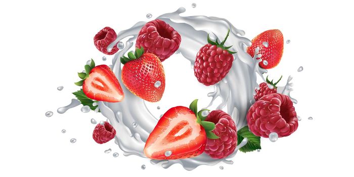 Fresh strawberries and raspberries and a yogurt or milk splash on a white background. Realistic style illustration.
