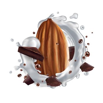 Almond, pieces of dark chocolate and a splash of milk. Realistic style illustration.