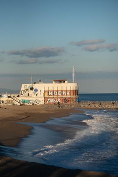 Barcelona, Spain: 2021 February 12: Mar Bella Beach on the Barcelona seafront at the time of Covid 19 in the winter of 2021.
