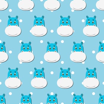 Vector flat animals colorful illustration for kids. Seamless pattern with cute hippopotamus face on blue polka dots background. Adorable cartoon character. Design for card, poster, fabric, textile.