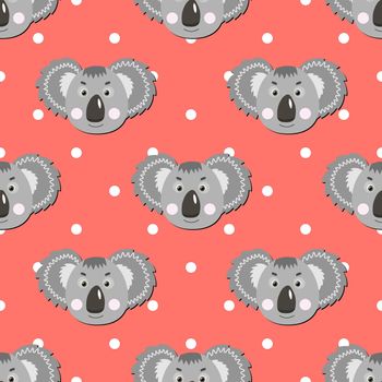 Vector flat animals colorful illustration for kids. Seamless pattern with cute koala face on pink polka dots background. Adorable cartoon character. Design for card, poster, fabric, textile.
