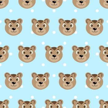 Vector flat animals colorful illustration for kids. Seamless pattern with cute bear face on blue polka dots background. Adorable cartoon character. Design for card, poster, fabric, textile.
