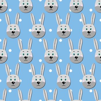 Vector flat animals colorful illustration for kids. Seamless pattern with cute hare face on blue polka dots background. Adorable cartoon character. Design for card, poster, fabric, textile. Rabbit.